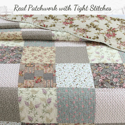 Country Cottage Floral Chic Scalloped Patchwork Cotton 3-Piece Quilt Bedding Set