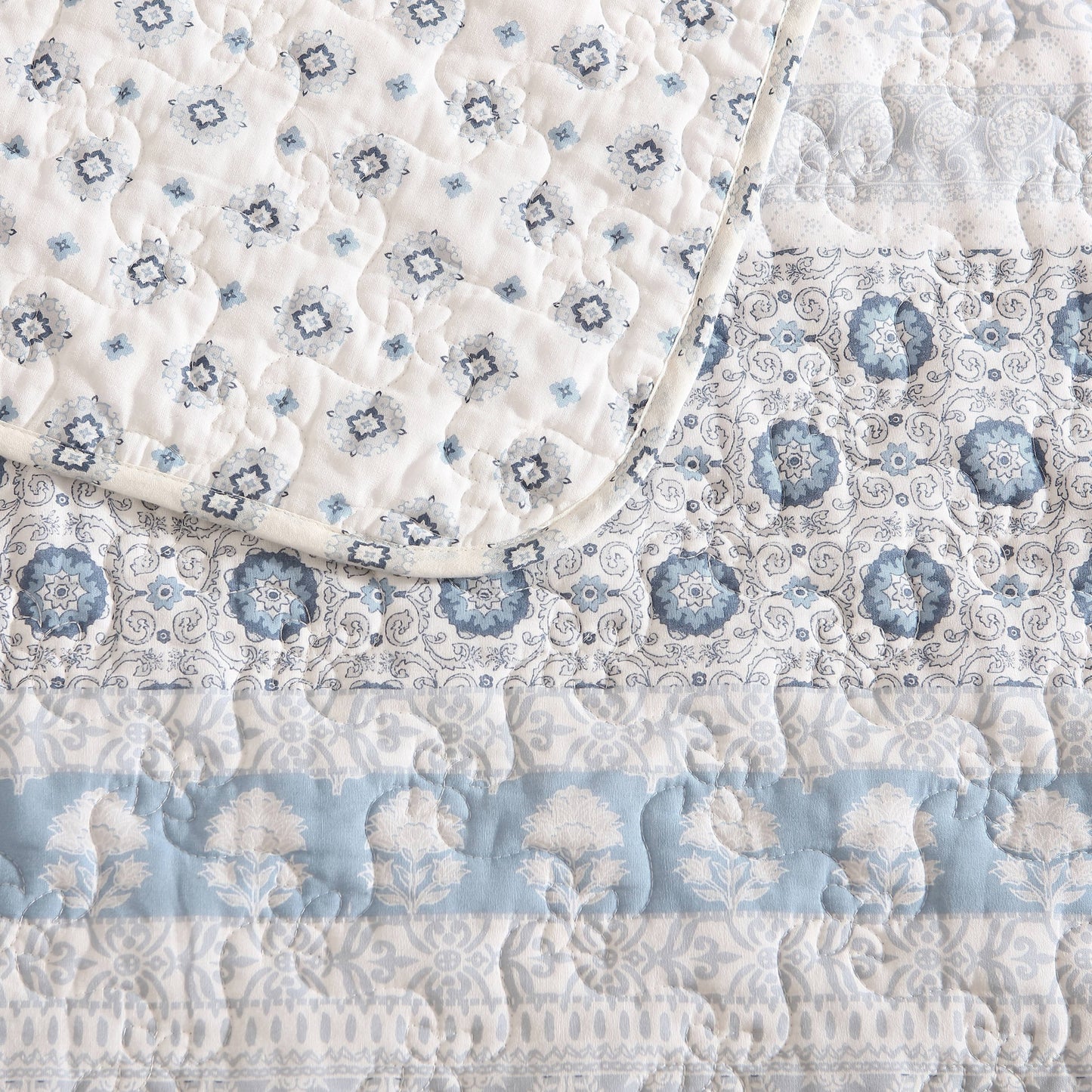 Stone Cottage Bexley Block Print Cotton Blue 4 Piece Quilt Bonus Set