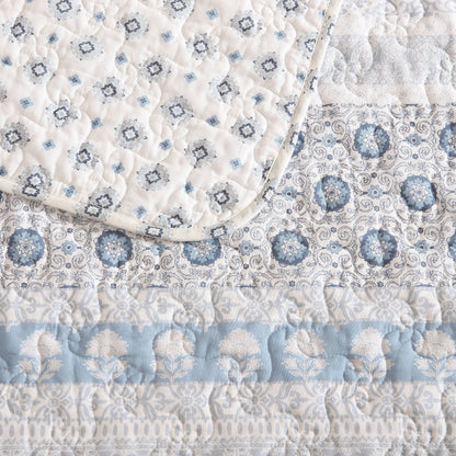 Stone Cottage Bexley Block Print Cotton Blue 4 Piece Quilt Bonus Set