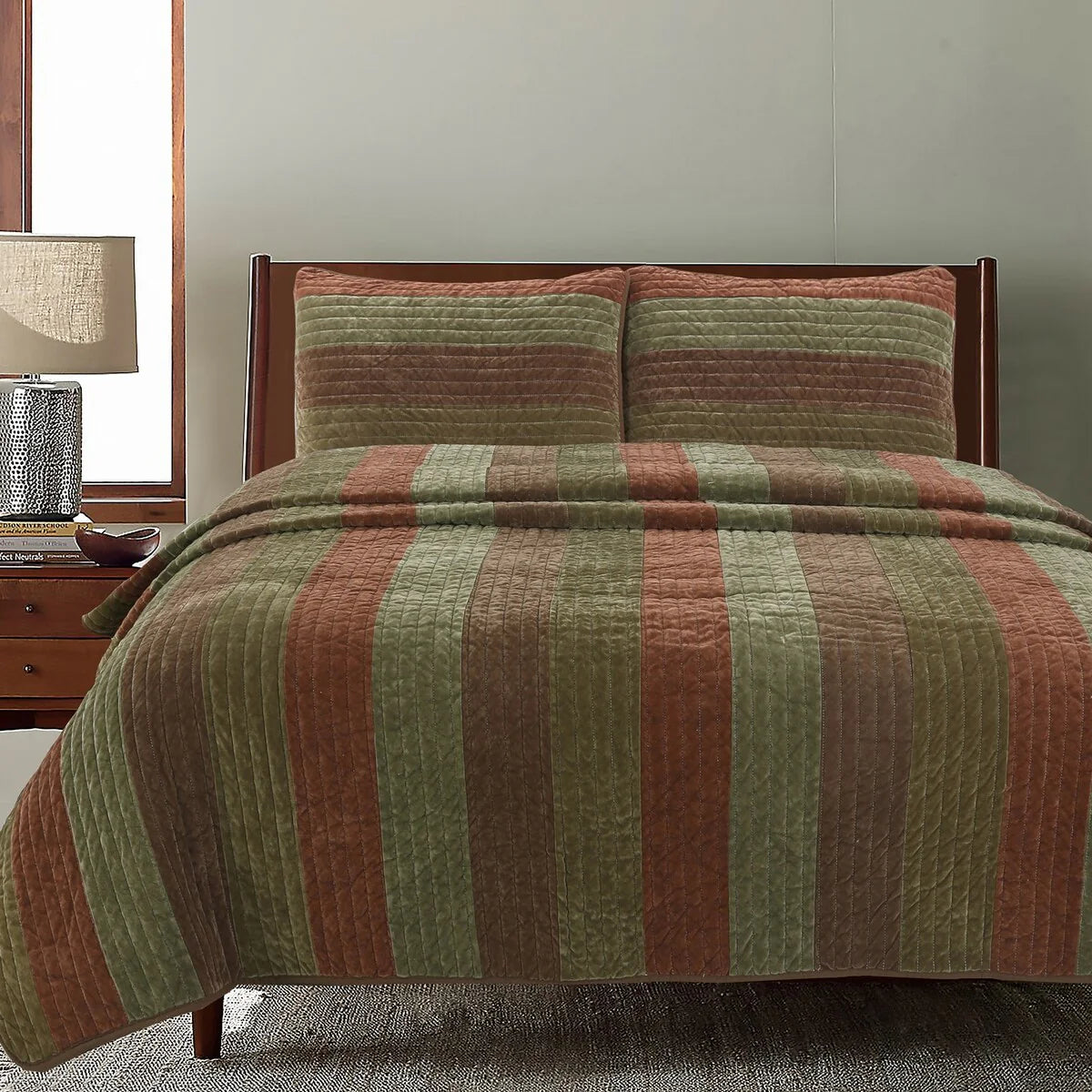Cozy Line Rhett Brown Green Stripe Reversible Quilt Bedding Set