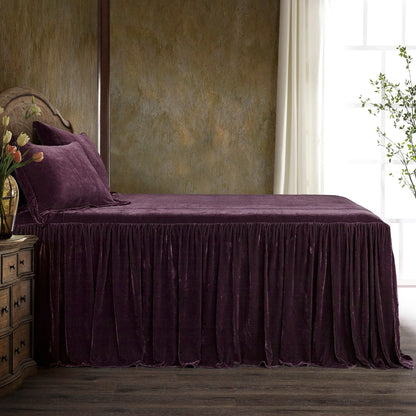 HiEnd Accents Stella Faux Silk Velvet Ruffle Skirt 3 Piece Bedspread Set with Pillow Shams