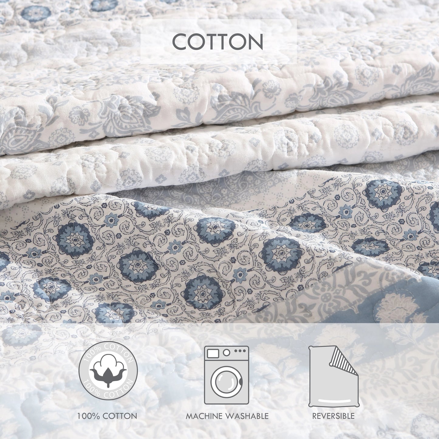 Stone Cottage Bexley Block Print Cotton Blue 4 Piece Quilt Bonus Set