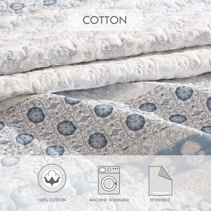 Stone Cottage Bexley Block Print Cotton Blue 4 Piece Quilt Bonus Set