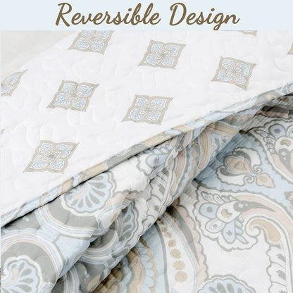 Cozy Line Modern Medallion Sky Blue Tan Gray Brocade Polyester Quilt Bedding Set