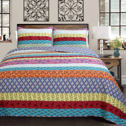 Cozy Line Kozlowski 3-Piece Rainbow Stripe Reversible Cotton Quilt Bedding Set