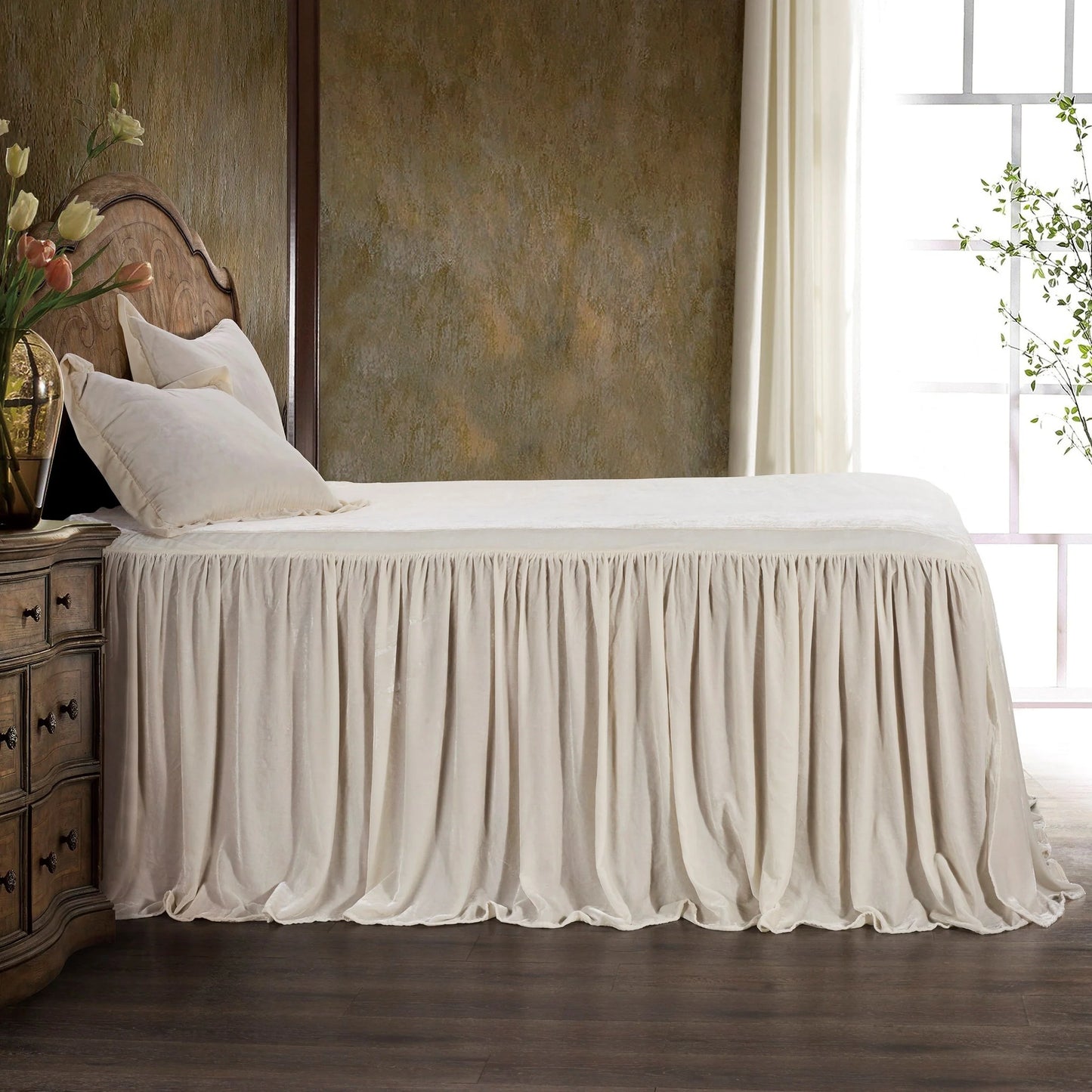 HiEnd Accents Stella Faux Silk Velvet Ruffle Skirt 3 Piece Bedspread Set with Pillow Shams