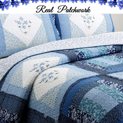 Cozy Line Freesia Blue Patchwork 3-piece Reversible Cotton Quilt Bedding Set