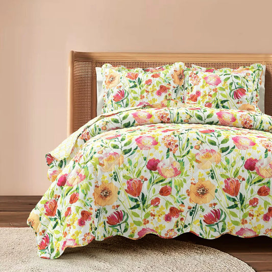 Lush Decor Leilani Watercolor Scallop Edged Floral Quilt 3-Piece Set