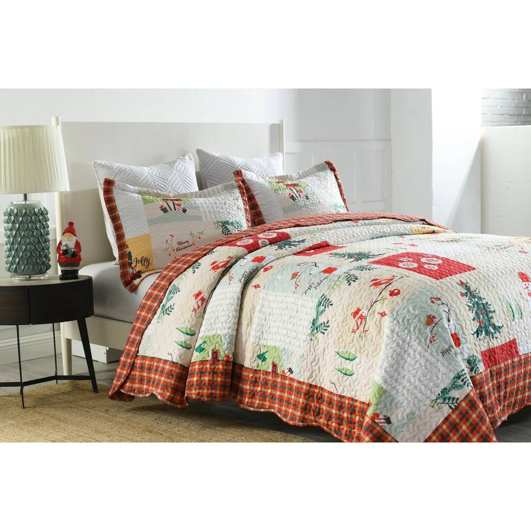 MarCielo Christmas Quilt Set King B022, 1 Quilt 2 Pillow Shams