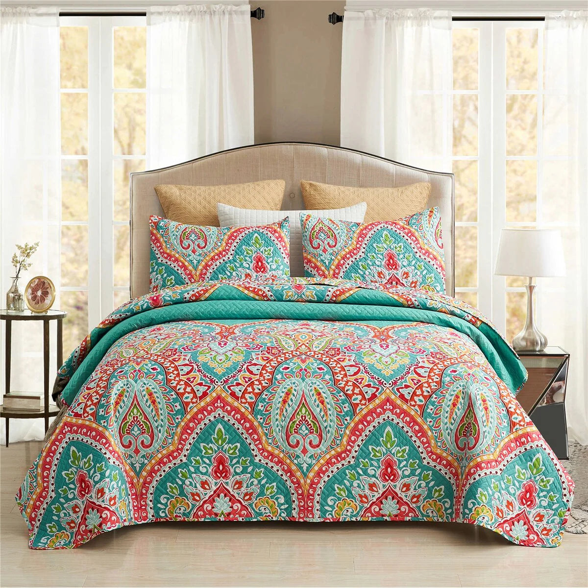 3 Piece European Gorgeous Floral Quilt Set Reversible Bedspread