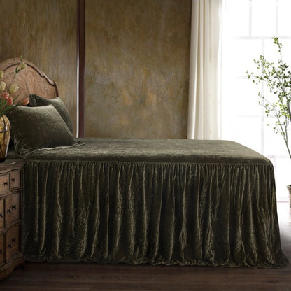 HiEnd Accents Stella Faux Silk Velvet Ruffle Skirt 3 Piece Bedspread Set with Pillow Shams