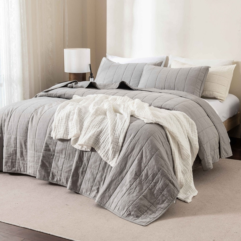 WHOLINENS Box Stitch Stone Washed Linen Blend Quilt & Pillow Shams Set