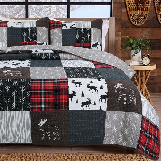 Rustic Lodge Moose Red Real Patchwork Reversible Quilt Bedding Set