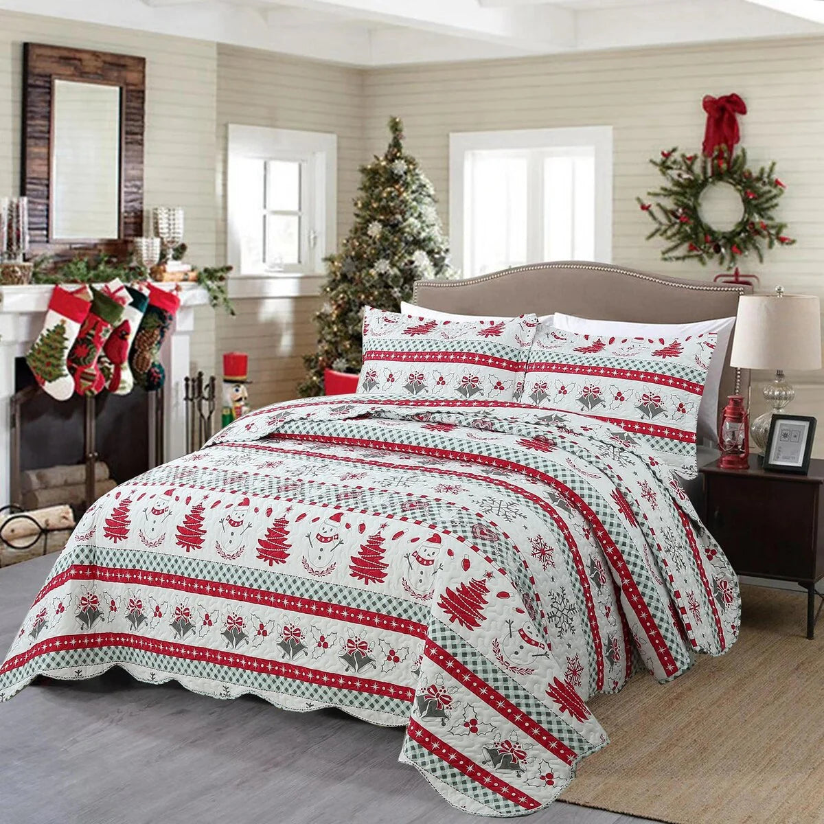 MarCielo 3 Pcs Snowman Christmas Quilt Bedspread Set C89