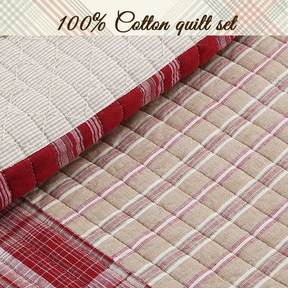 Cozy Line Alivia Red Plaid Real Patchwork Cotton Reversible Quilt Bedding Set