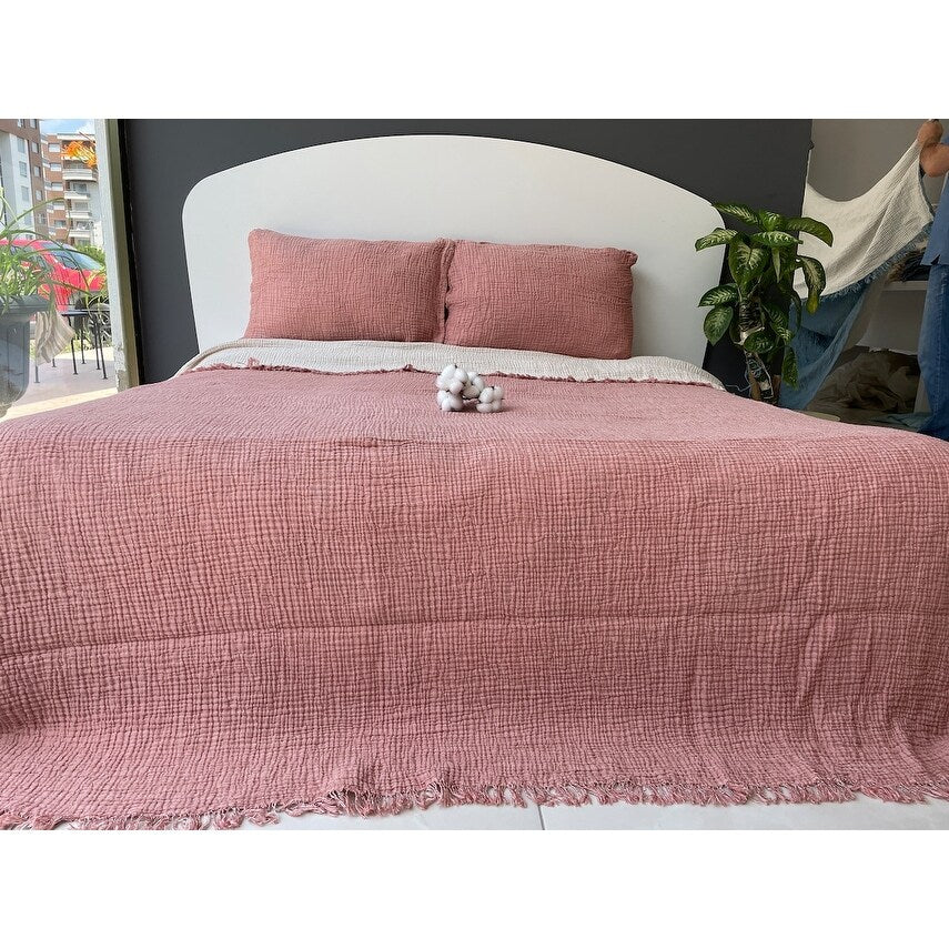 Muslin Blanket 4 Layers, Soft Bedspread, Turkish Cotton Muslin Bed Cover, Reversible Coverlet