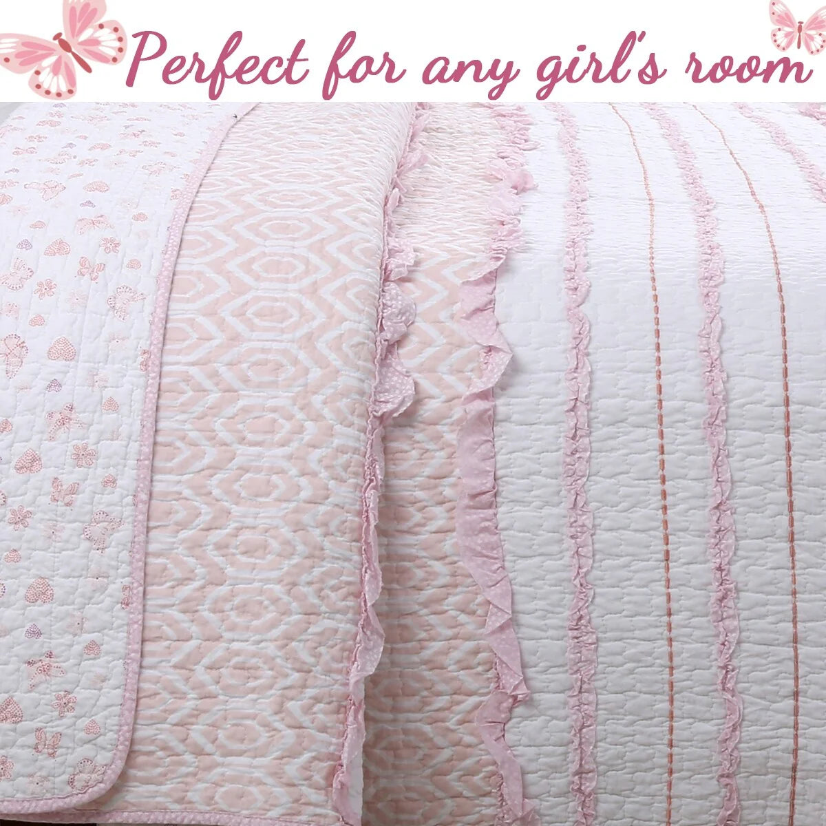 Cozy Line Pretty in Pink Girly Ruffle Pink Cotton Quilt Bedding Set with 2 Throw Pillows