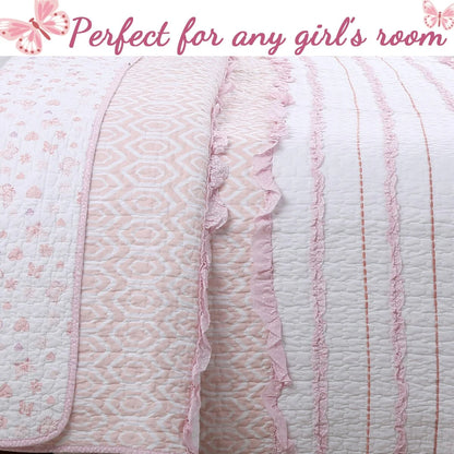 Cozy Line Pretty in Pink Girly Ruffle Pink Cotton Quilt Bedding Set with 2 Throw Pillows