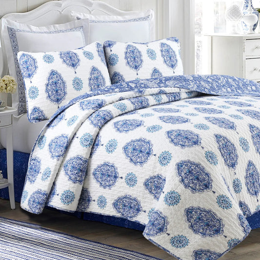 Cozy Line Hittle 3 Piece Cotton Reversible Quilt Bedding Set - Blue/White