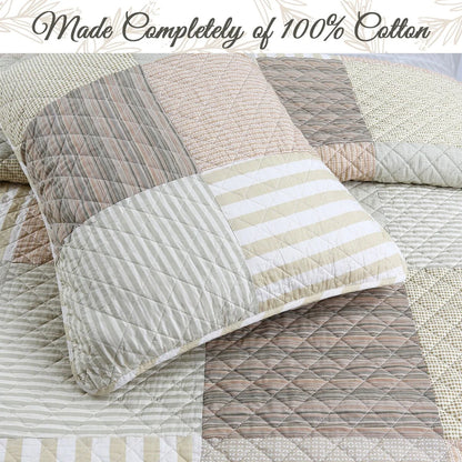 Cozy Line Stripe Checker Patchwork Cotton Reversible 3 Piece Quilt Bedding Set