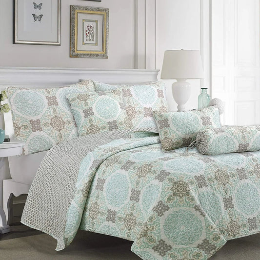 Cozy Line Light Green Aqua Damask Reversible Bedding Quilt Set