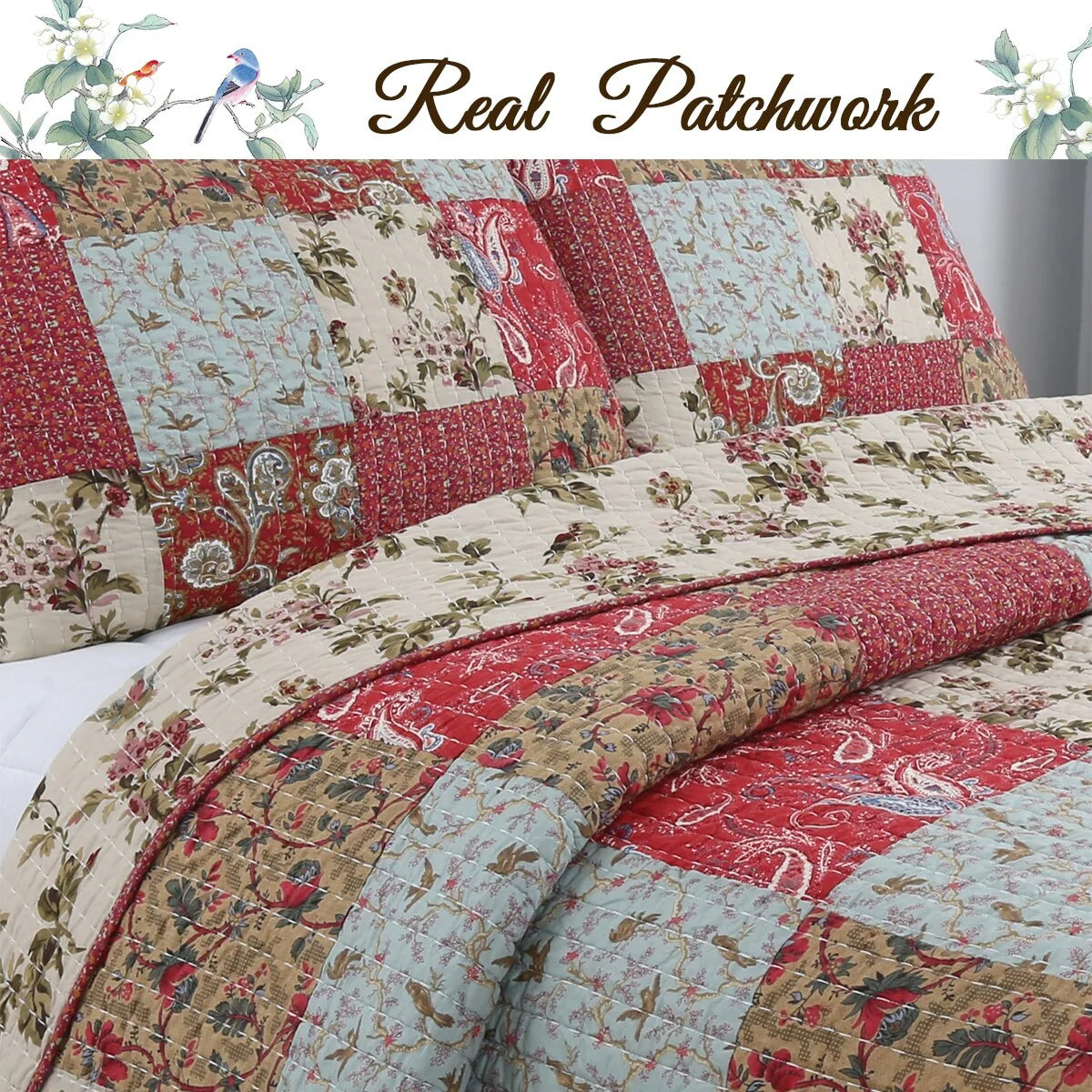 Cozy Line Rosemond 3-piece Reversible Floral Patchwork Quilt Bedding Set