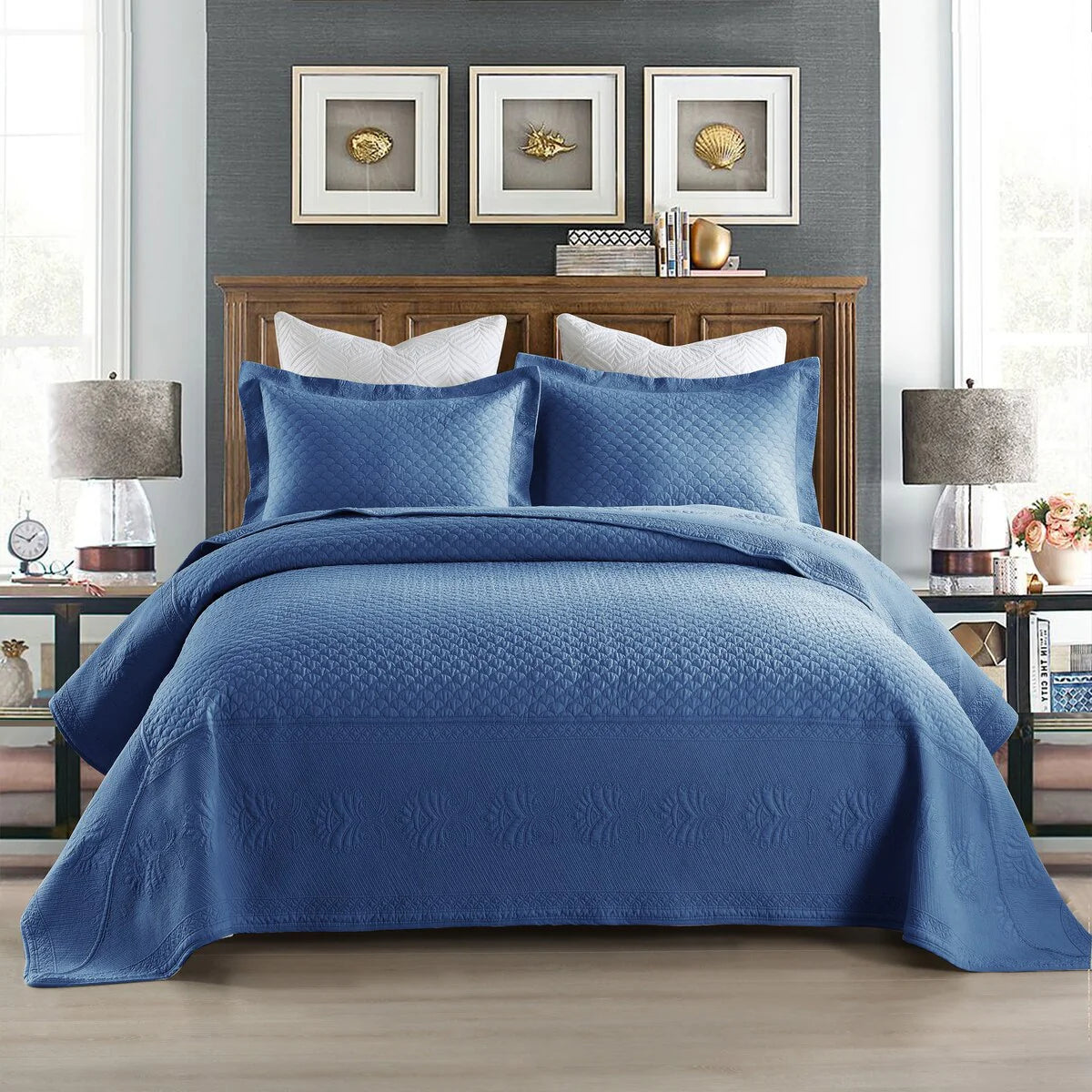 MarCielo 3 Piece Embroidered 100% Cotton Oversized Quilt Bedspread Set TM