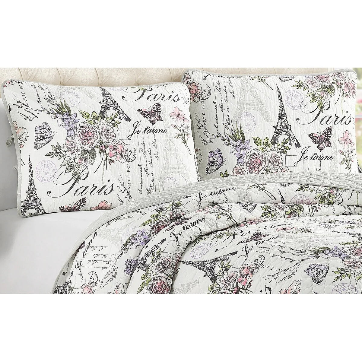 Paris Floral Pink Cotton 3-Piece Reversible Quilt Set
