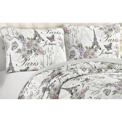 Paris Floral Pink Cotton 3-Piece Reversible Quilt Set