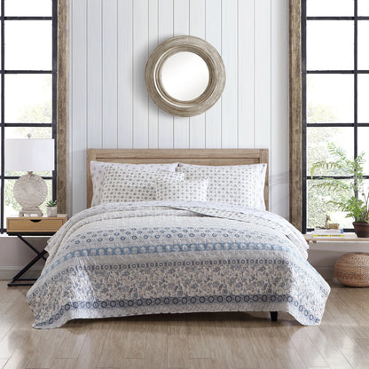 Stone Cottage Bexley Block Print Cotton Blue 4 Piece Quilt Bonus Set