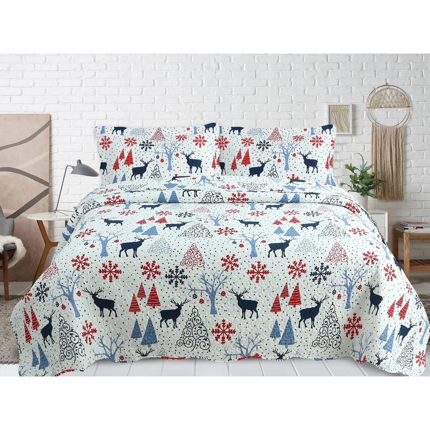 Printed Embossed Pinsonic Coverlet Bedspread Ultra Soft Bedspread Coverlet Christmas Quilt Set, Xmas Reindeer and Tree