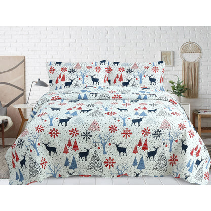 Printed Embossed Pinsonic Coverlet Bedspread Ultra Soft Bedspread Coverlet Christmas Quilt Set, Xmas Reindeer and Tree