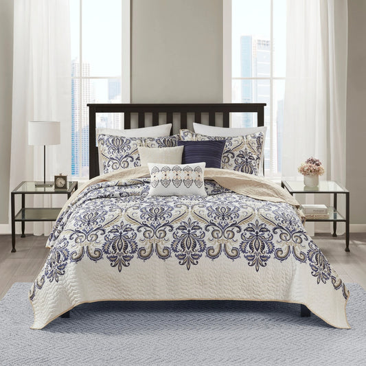 Madison Park Cardiff 6 Piece Reversible Quilt Set with Throw Pillows