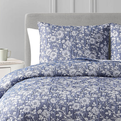 CEDAR COURT Marguerite Floral Navy Soft Matelasse Jacquard Quilt Set
