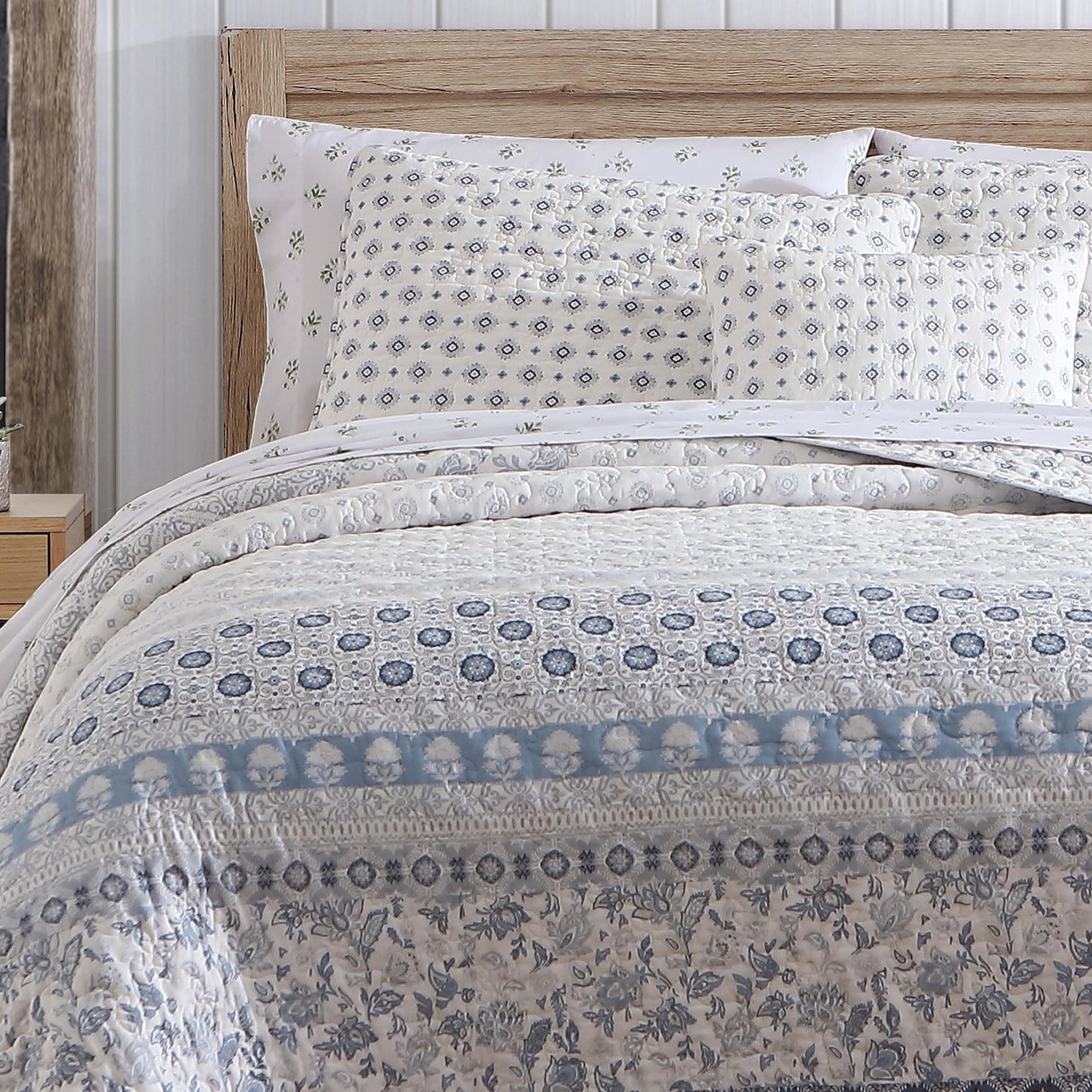 Stone Cottage Bexley Block Print Cotton Blue 4 Piece Quilt Bonus Set