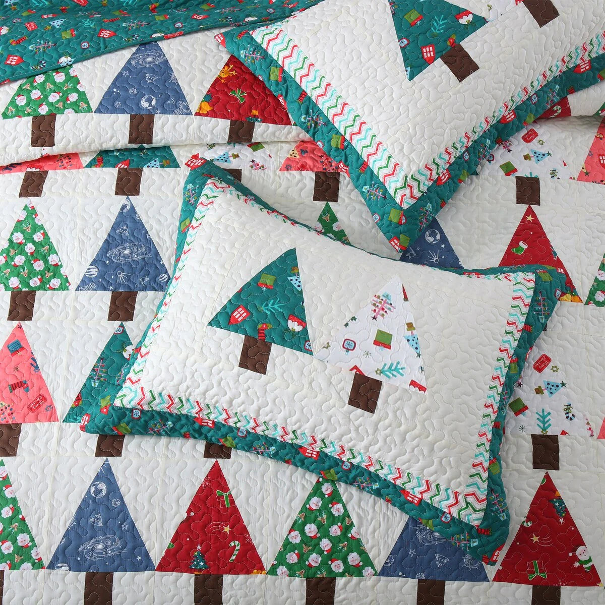 MarCielo Handcrafted Christmas Patchwork Cotton Quilt Bedspread Set 3-Piece Vintage Style Holiday Bedding