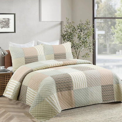 Cozy Line Stripe Checker Patchwork Cotton Reversible 3 Piece Quilt Bedding Set