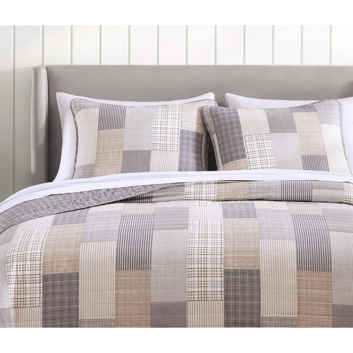 DESIGN STUDIO Lakeshore Plaid Grey Soft Cotton Reversible Quilt Set