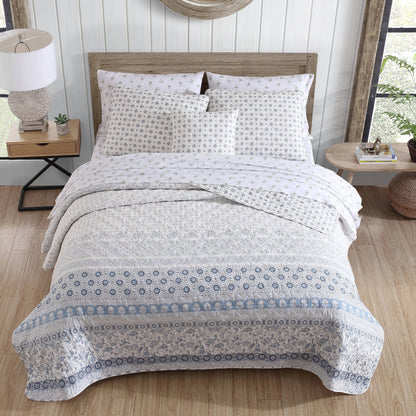 Stone Cottage Bexley Block Print Cotton Blue 4 Piece Quilt Bonus Set