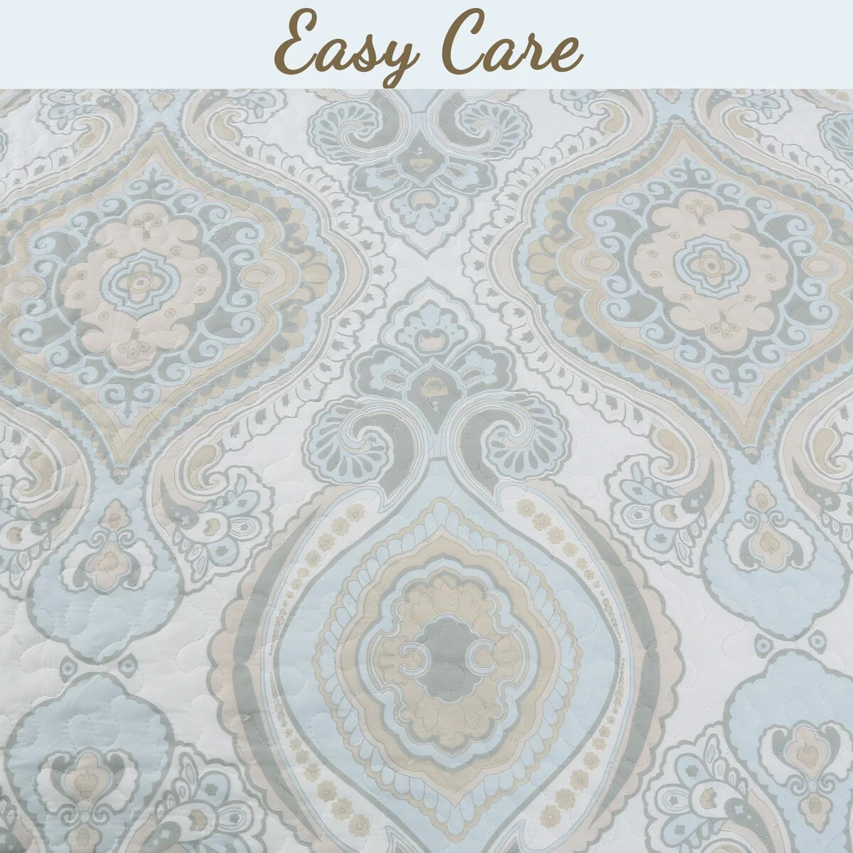 Cozy Line Modern Medallion Sky Blue Tan Gray Brocade Polyester Quilt Bedding Set