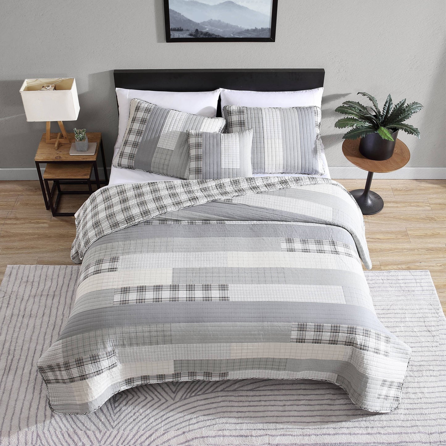 Eddie Bauer Fairview Cotton Reversible Grey Bonus Quilt Set