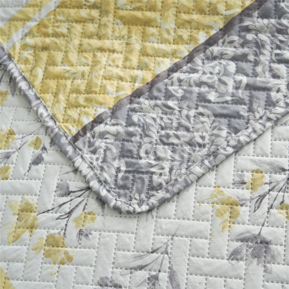 3 Piece Gray Yellow Stripe Quilt Set Floral Reversible Bedspread