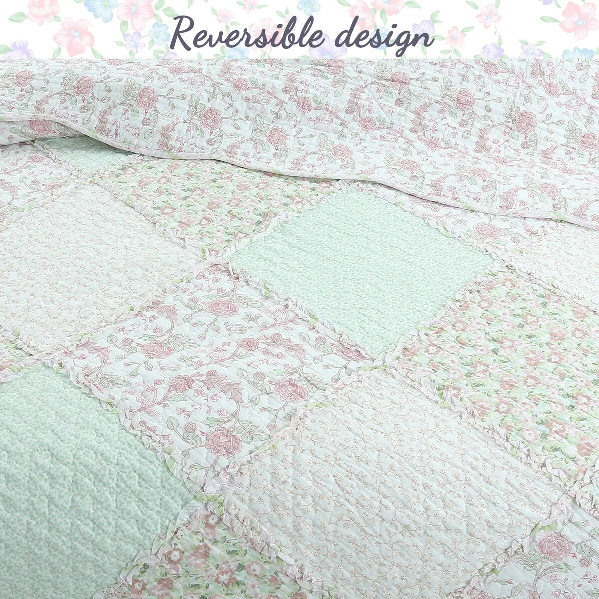 Cozy Line Rosa Floral Patchwork Reversible Cotton Quilt Bedding Set