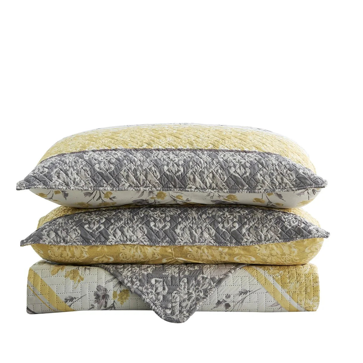 3 Piece Gray Yellow Stripe Quilt Set Floral Reversible Bedspread