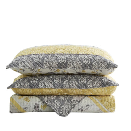 3 Piece Gray Yellow Stripe Quilt Set Floral Reversible Bedspread