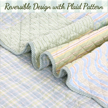 Cozy Line Square Patchwork Plaid Stripes Blue Green Cotton 3-Piece Reversible Quilt Bedding Set