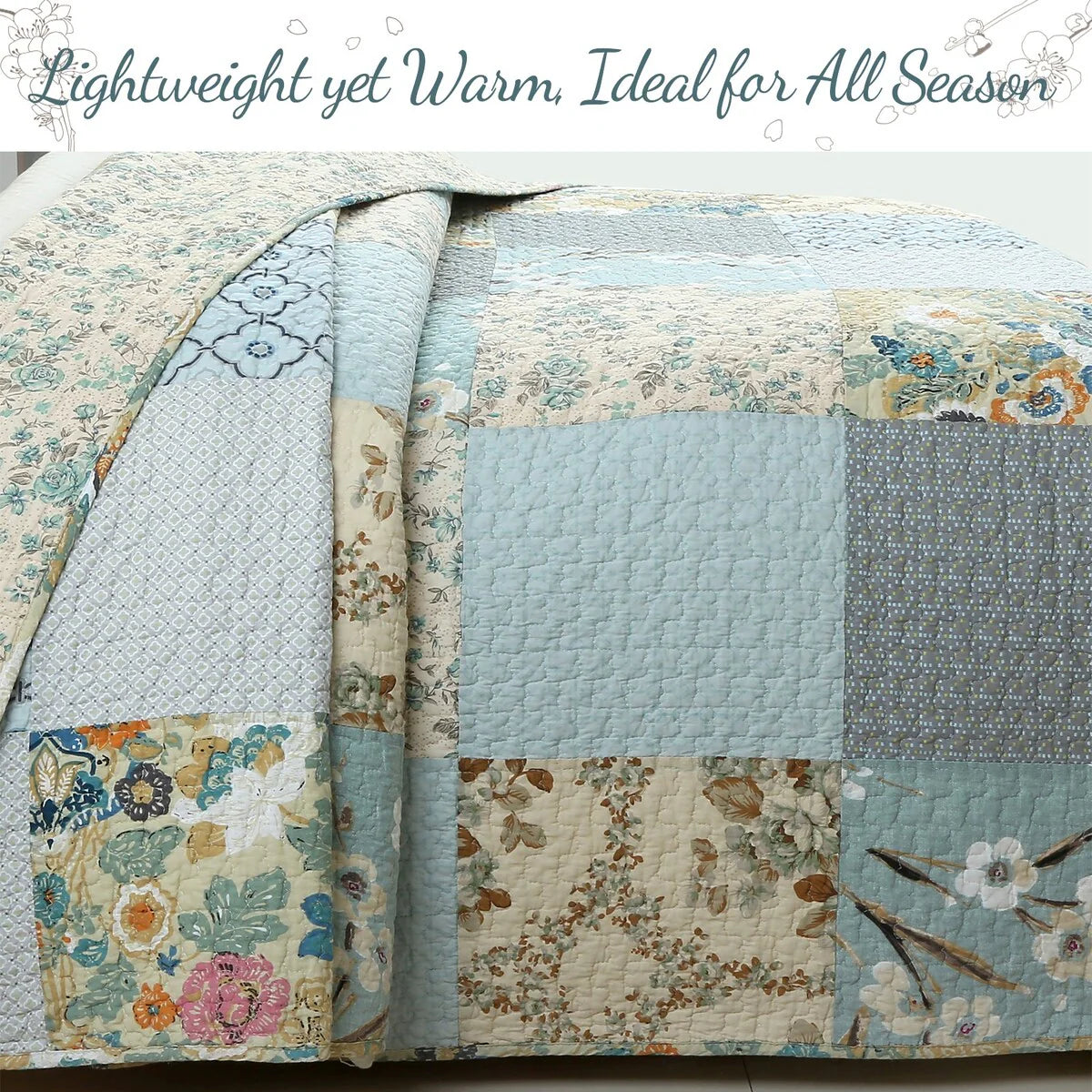 Cozy Line Sky Blue Floral Patens Ogee Patchwork Cotton Quilt Bedding Set