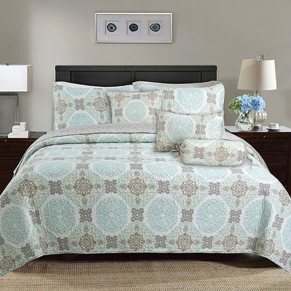 Cozy Line Light Green Aqua Damask Reversible Bedding Quilt Set