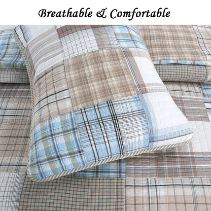 Cozy Line Hank Blue Patchwork 3-piece Reversible Cotton Quilt Bedding Set