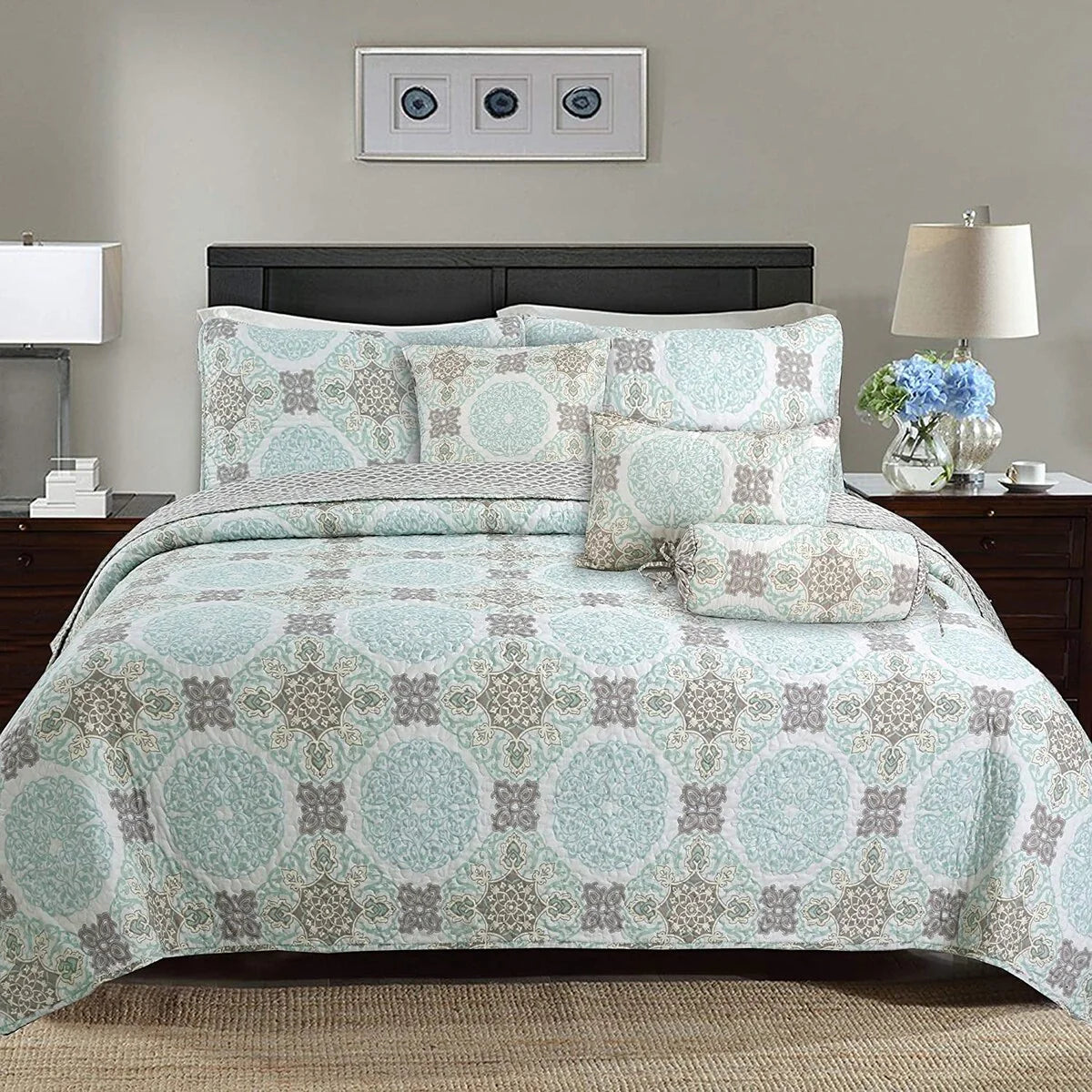 Cozy Line Light Green Aqua Damask Reversible Bedding Quilt Set